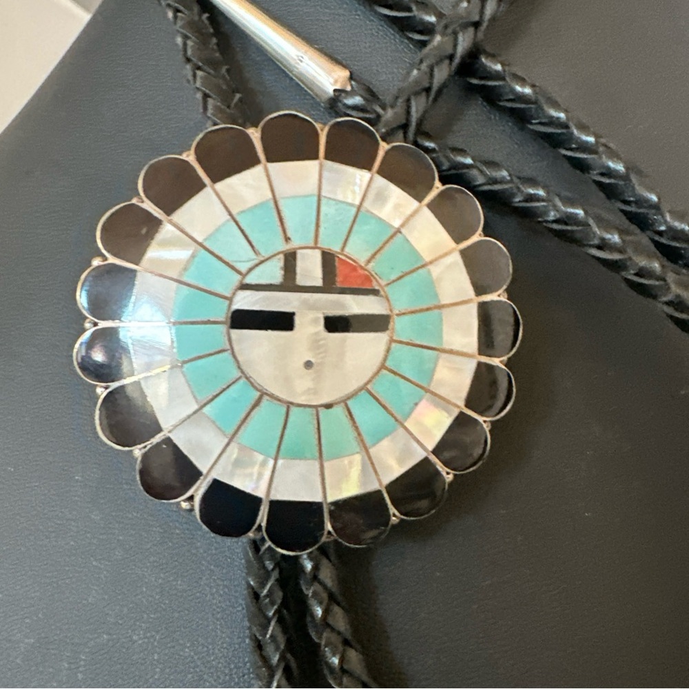 Zuni Sunface Inlay Bolo tie Black Turquoise Sterling Silver 19843